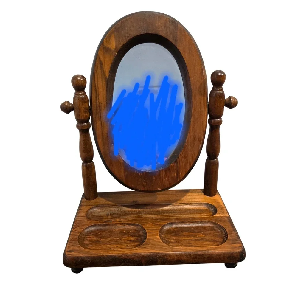 Vintage Wood Oval Vanity Mirror with Jewelry Valet Tray, Tabletop Trinket Holder